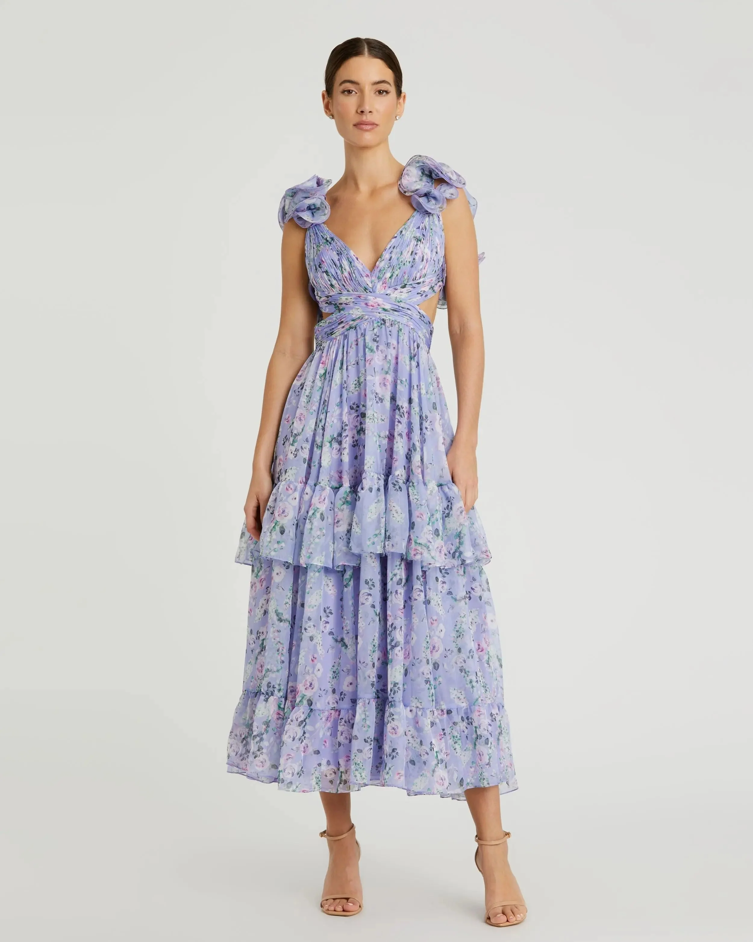 Purple Ruffle Tiered Floral Chiffon Midi Dress