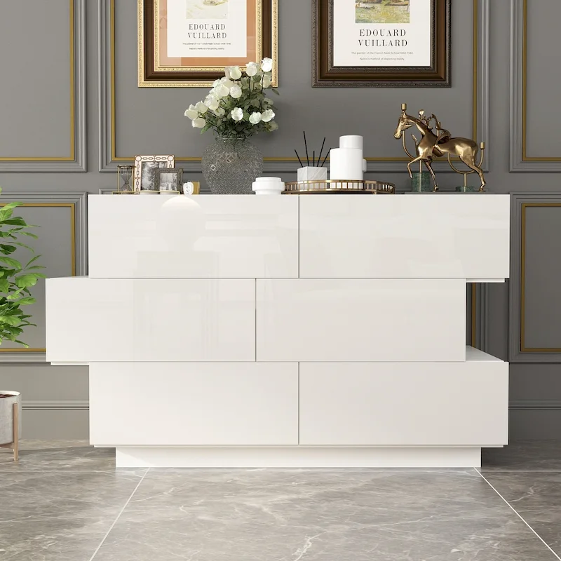 White/Black High Gloss 6-Drawer Dresser with Offset Design