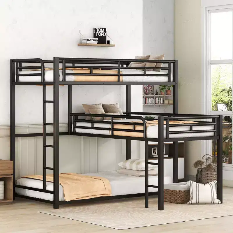Whisen L-shaped Metal Triple Twin Size Bunk Bed with 2 Ladders- Black