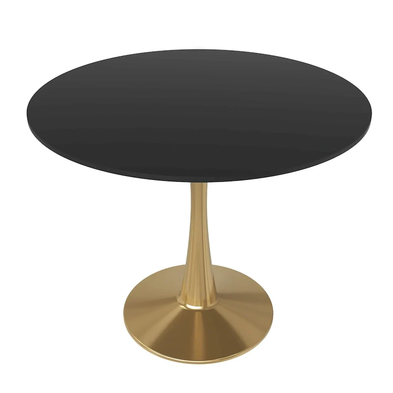 LeisureMod Bristol 31 Round Dining Table for 4 with MDF Wood Tabletop in Gold Steel Base for Kitchen & Dining Room