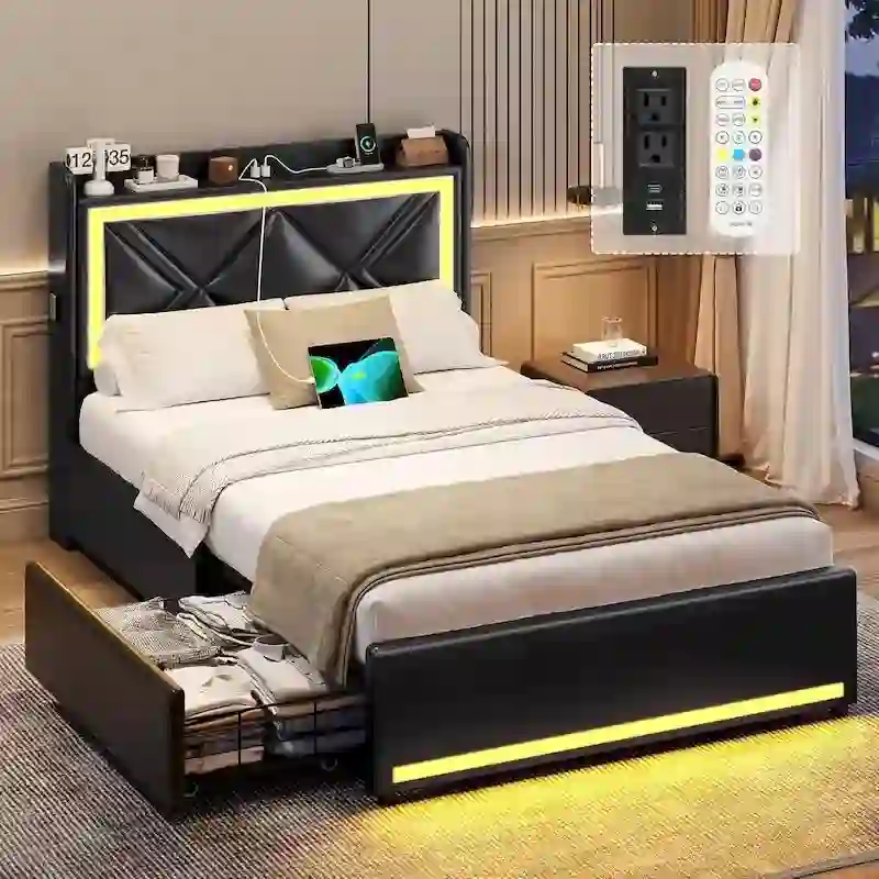 Bed Frame LED Lights Headboard & USB-C/A Charging Station 4 Drawers