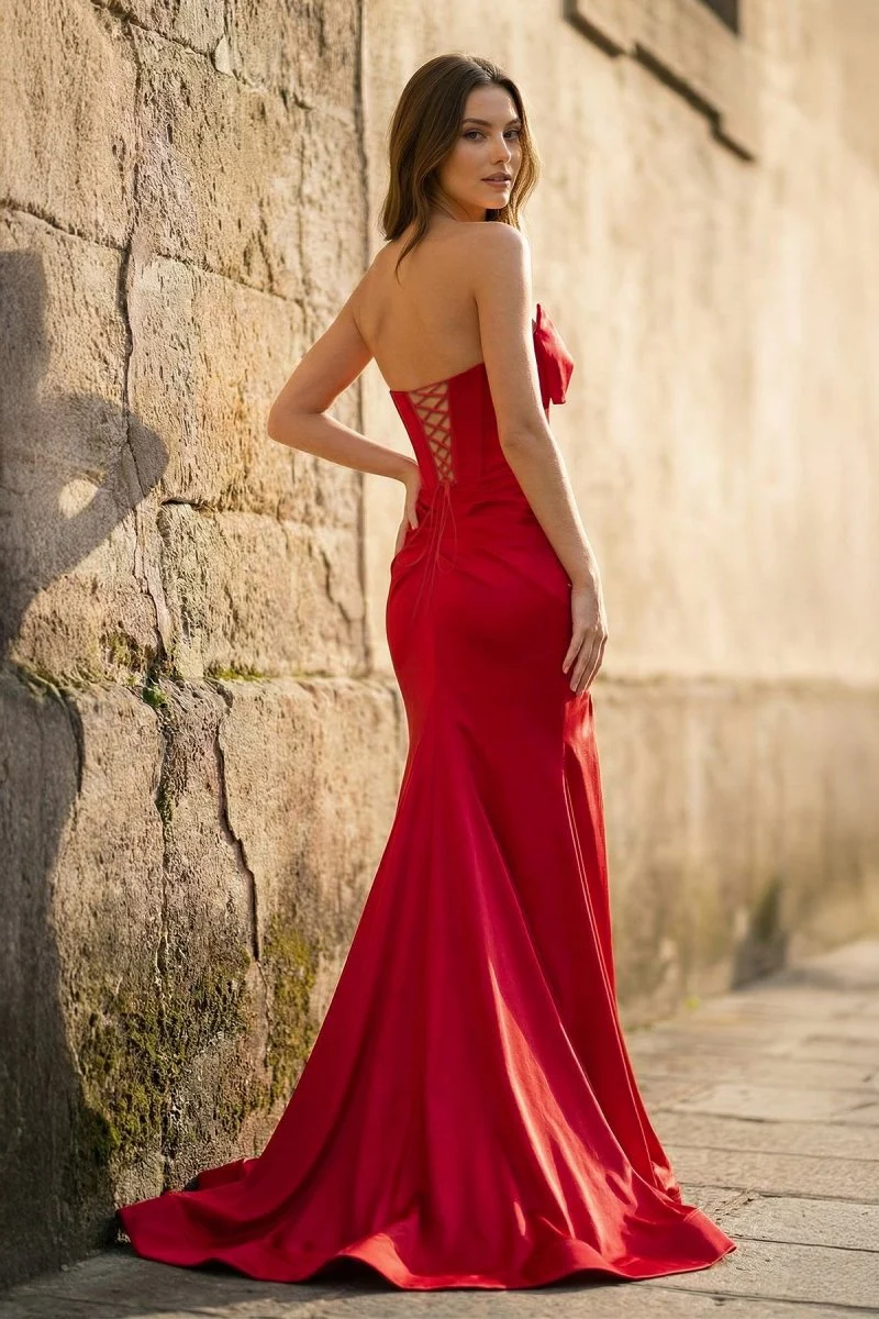 Mermaid V-Neck Bow Satin Pleated Slit Long Prom Dresses