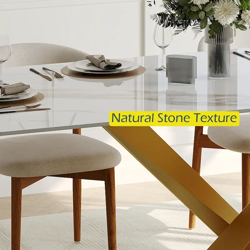 Modern Rectangular Dining table with Glossy Sintered Stone Table top, White Kitchen Table
