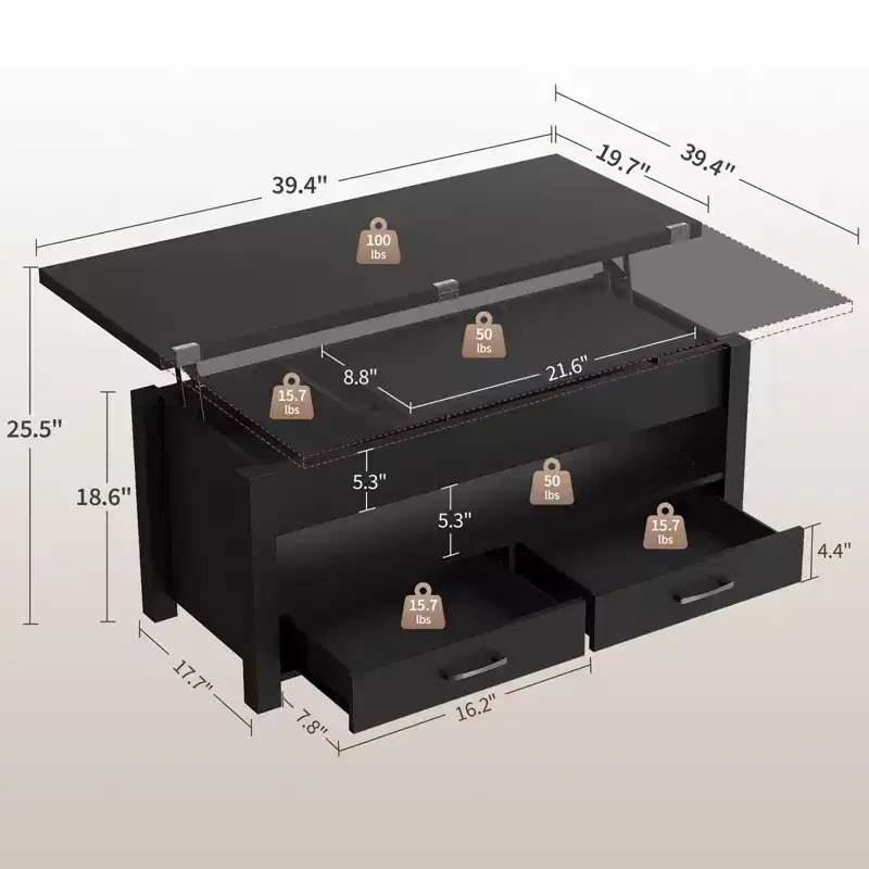 Adjustable Lift Top Coffee Table - Split Design, Storage Drawers & Hidden Compartment, Modern Space-Saving Wooden Table for Living Room