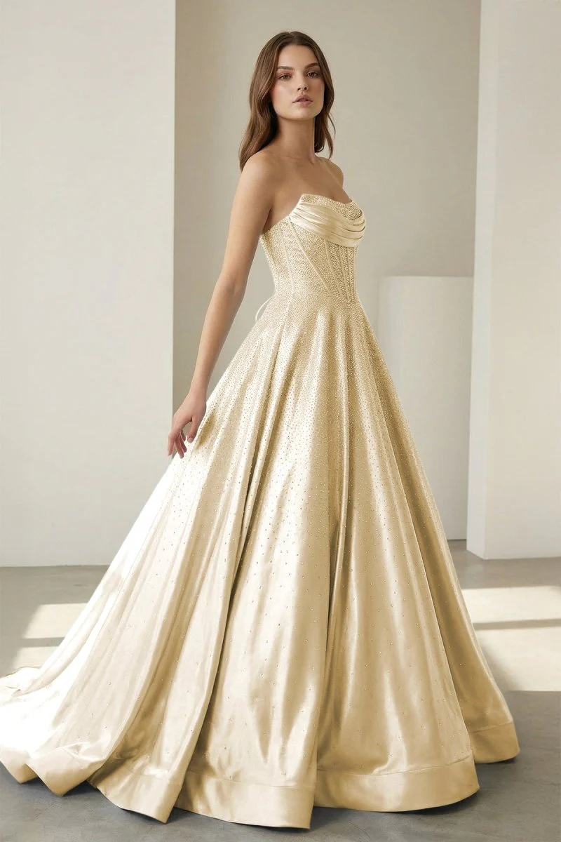 Yellow - Strapless A Line Satin Beaded Long Prom Dresses With Pockets