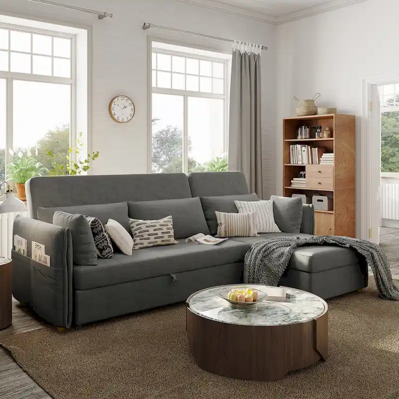 L-Shape Sofa Bed with Scratch-Resistant Fabric and Solid Wood Frame
