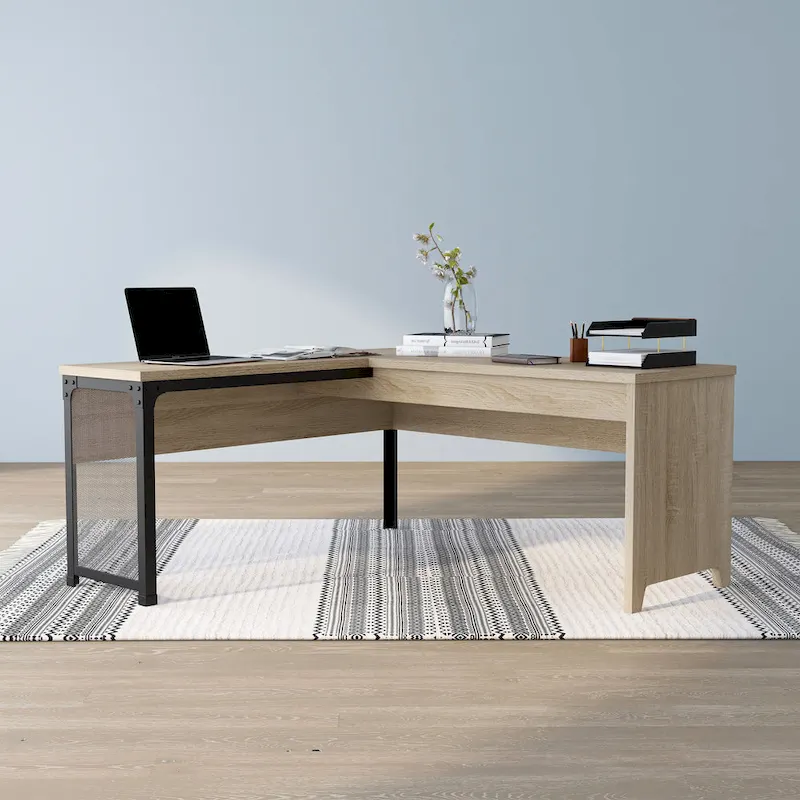 DH BASIC Industrial Natural Oak 65-inch Metal L-Shaped Standing Desk by Denhour