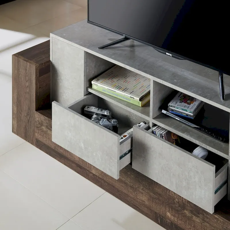 Geso Industrial Oak and Light Grey 71-inch 4-Shelf TV Console