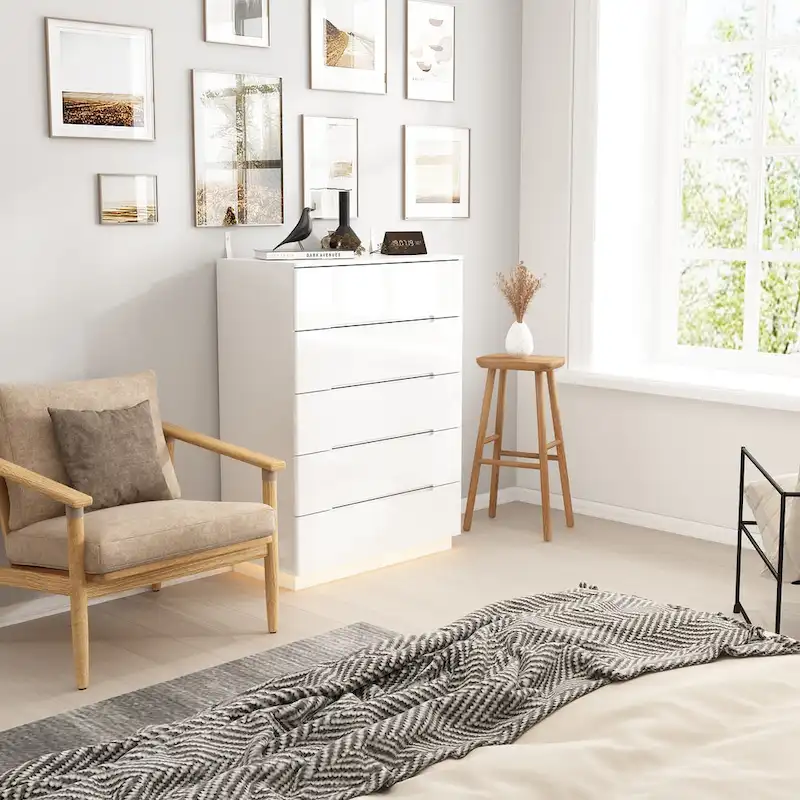 White/Black High Gloss 5-Drawer Chest with LED Light, Single