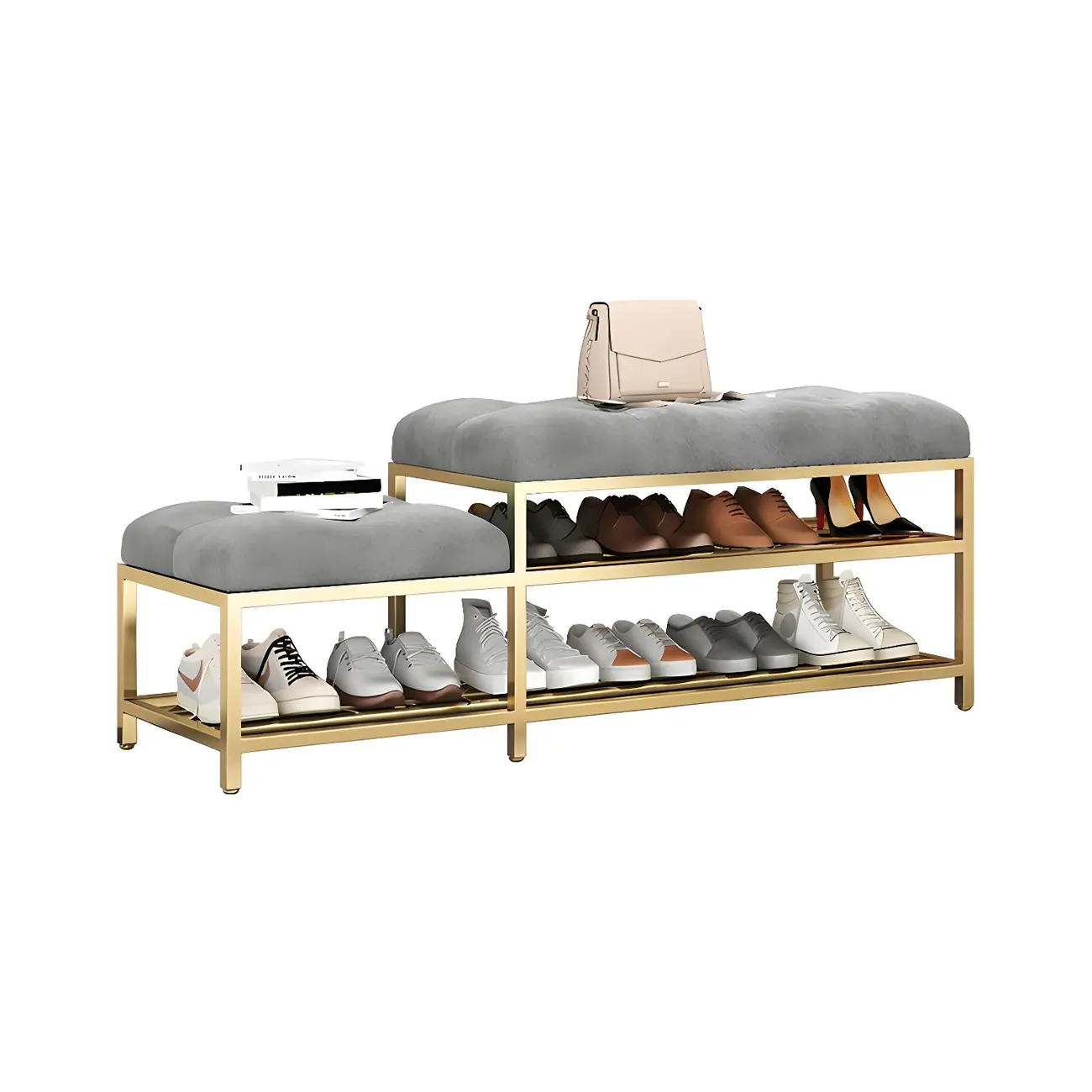 Gray Upholstered Shoe Rack with Gold Frame for Entryway