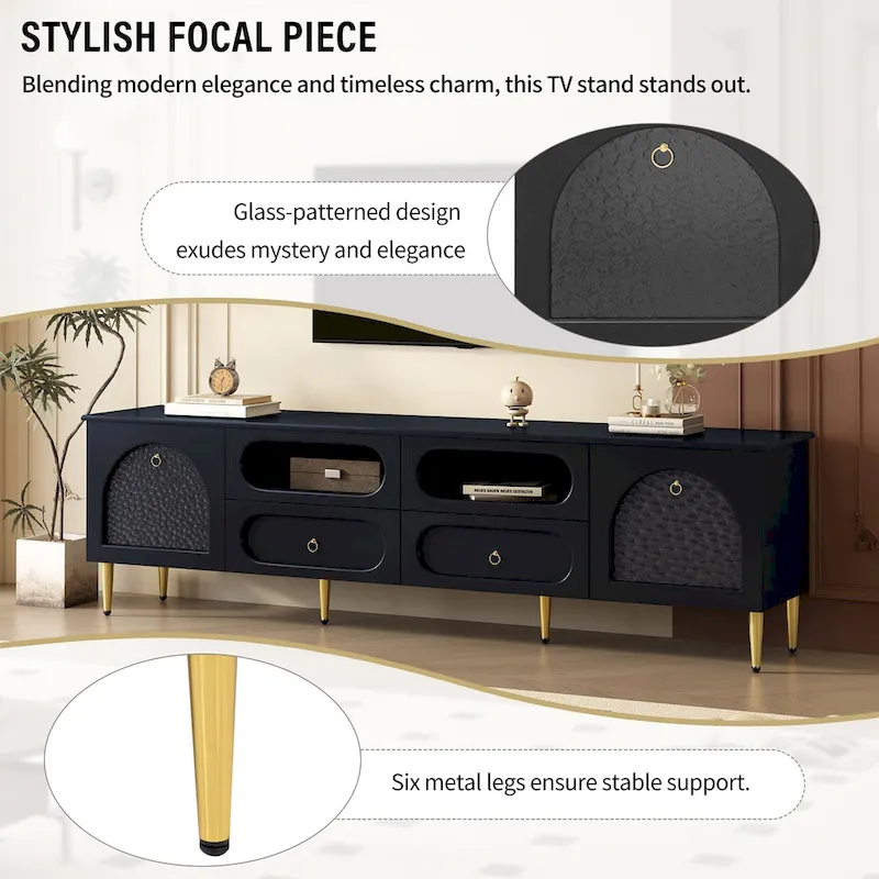 78.8 Retro TV Stand, Entertainment Center Media Console Cabinet with Six Metal Legs, 2 Cabinets, 4 Drawers