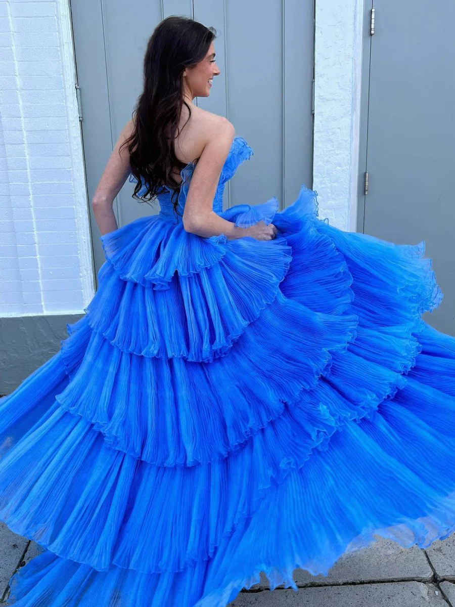 Strapless A-Line Tiered Crinkled Tulle Prom Dress