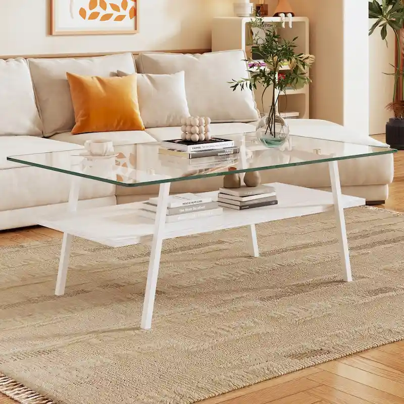 Rectangle Coffee Table,Tempered Glass Tabletop with White Metal Legs,Modern Table for Living Room,Transparent Glass