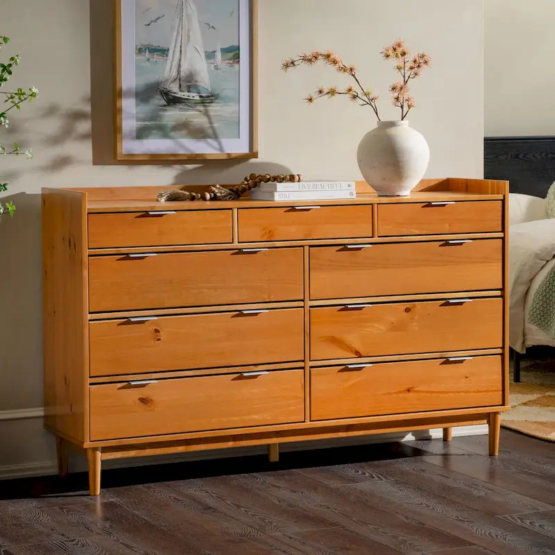 Black / White / Tan / Caramel, 9-Drawer Solid Pine Dresser with Gallery Tray Top, 1-Person Assembly
