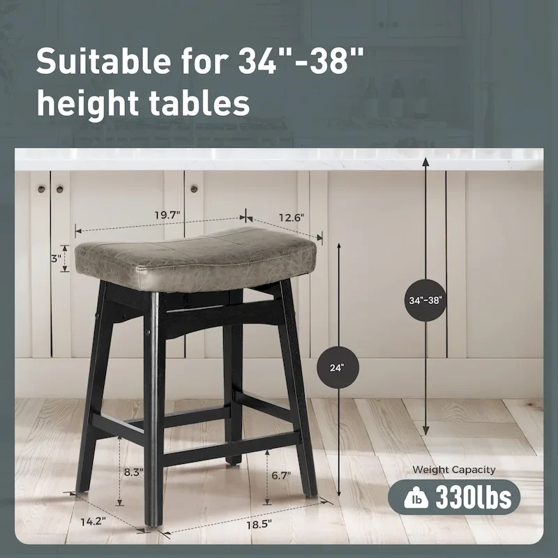 24 Inch Solid Wood Barstools with Linen / PU Leather Fabric Cushion, Set of 2