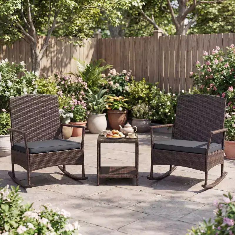 Costway 3 Piece Patio Rocking Set Wicker Rocking Chairs with 2-Tier Coffee Table Turquoise/Off White/Black