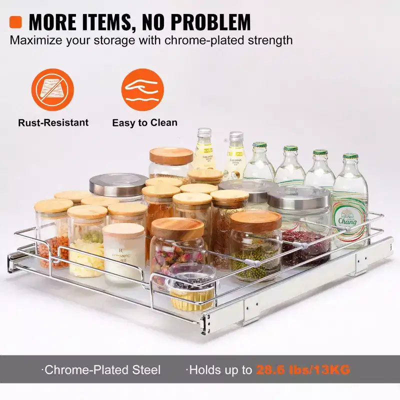 20 W x 21 D Pull Out Cabinet Organizer Heavy Duty Slide Out Pantry Shelves Chrome Plated Steel Roll Out Drawers