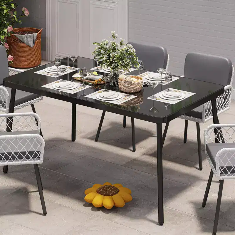 59-Inch Rectangular Patio Dining Table, Tempered Glass Top with Metal Frame, Seats 4-6 People, Ideal for Porch, Balcony, Backyard, Poolside  Black