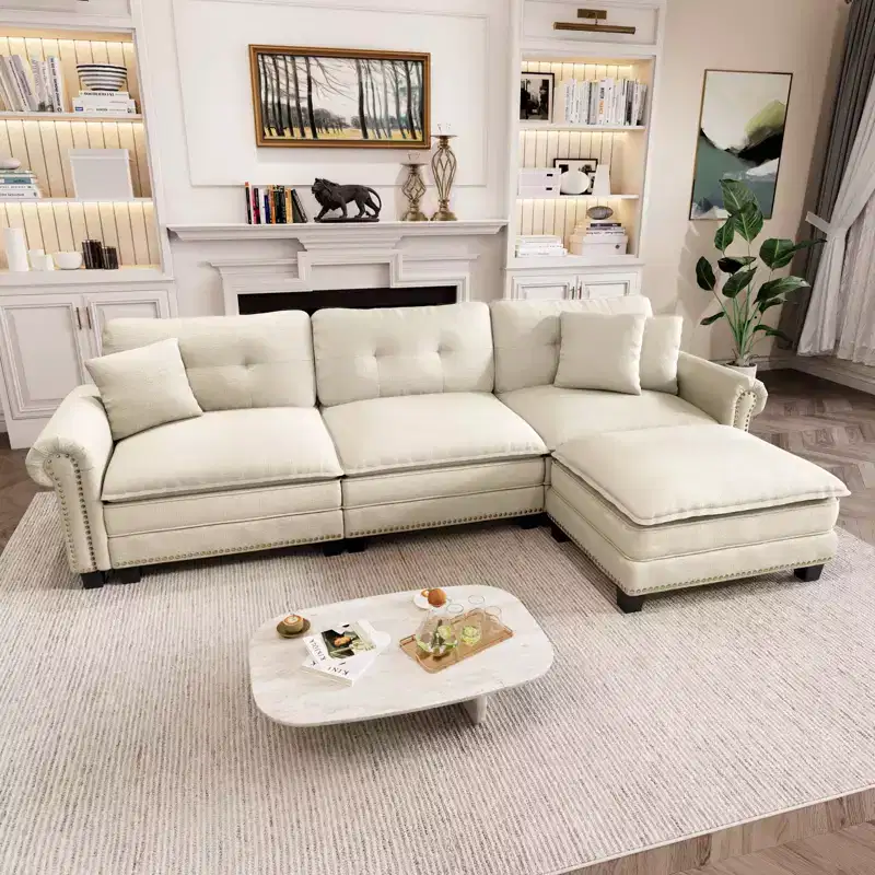 Captiva Designs Upholstered Indoor Sofa with Ottoman, Solid Wood Frame, Pocket Spring Seat & Throw Pillows