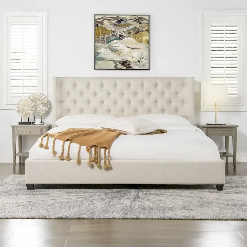 Light Beige Linen / Opal Grey Velvet / Antique White Polyester Wingback Tufted King Platform Bed, 2-Person