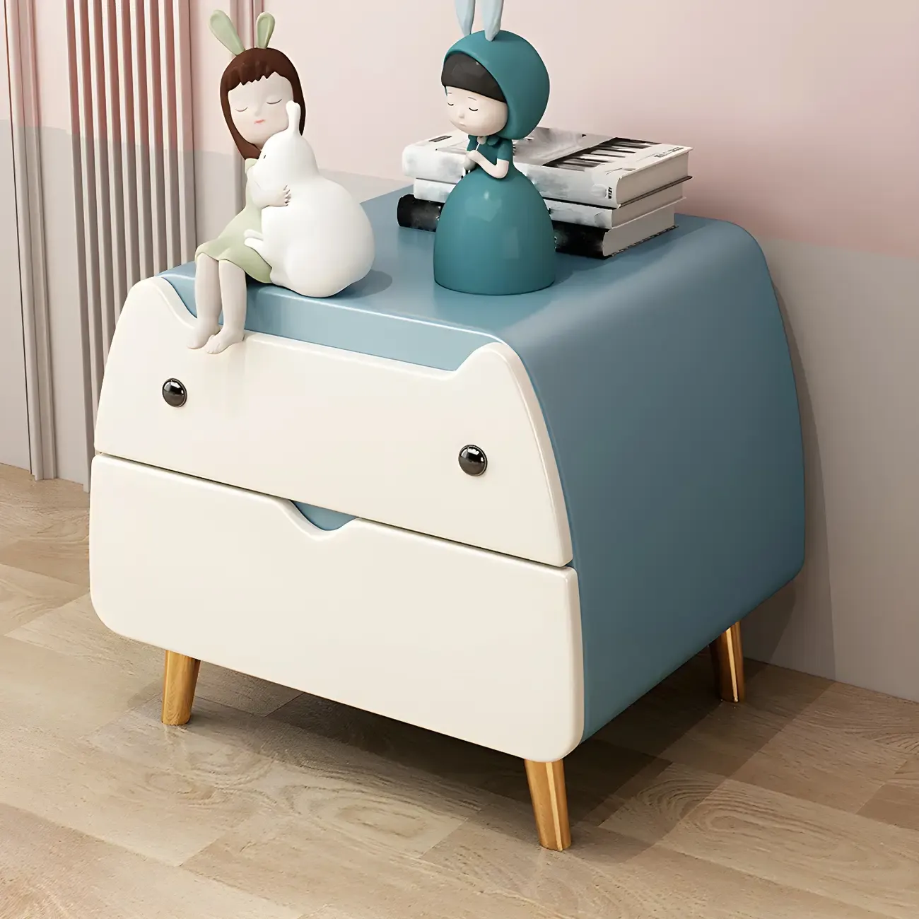 Pink Cute Cat Shape Scandinavian Nightstand with 2 Drawers