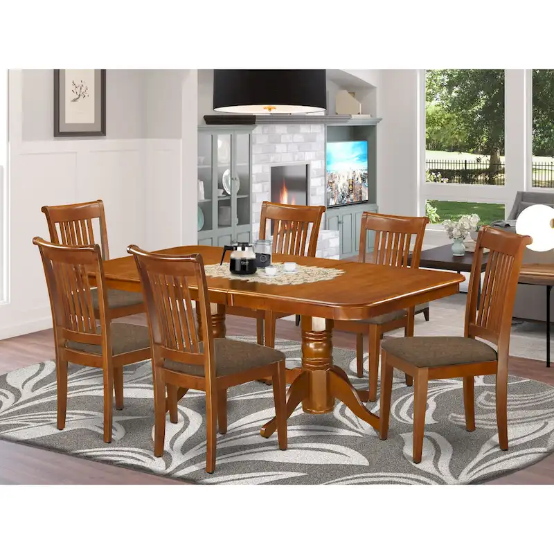Saddle Brown Rectangular Dining Table Set with Butterfly Leaf, Seats 6