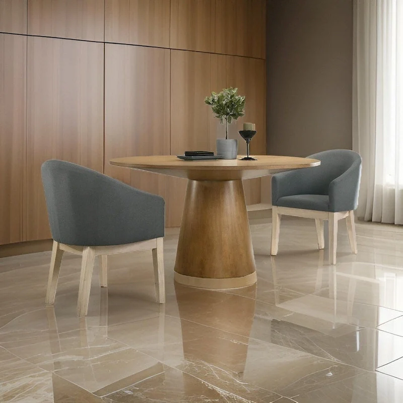 Dining Table and Chair, Round, Barrel Seat, Brown, Gray