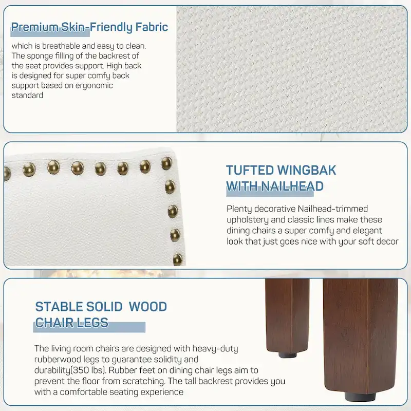 Dining Chairs Set of 2, Upholstered Dining Room Chairs Fabric Kitchen Chairs with Solid Wood Frame and Nailhead Trim