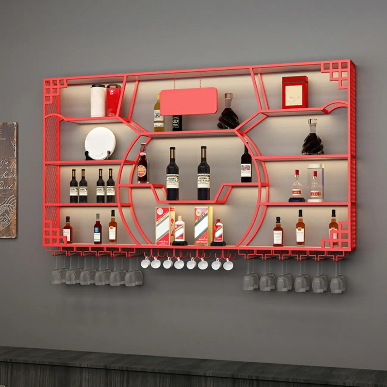 Multi-Shelf Gold Metal Wall-Mounted Wine & Glass Rack