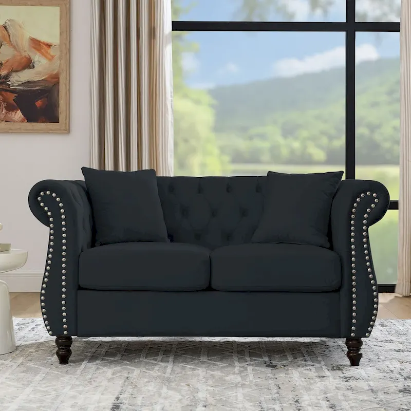 Chesterfield Sofa Black Velvet for Living Room