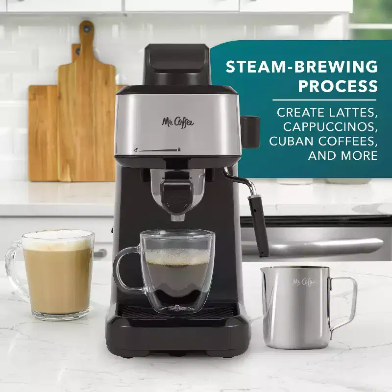 Mr. Coffee Steam Espresso Maker with Stainless Steel Frothing Pitcher: 900W Electric, 8-Cup Capacity, Black