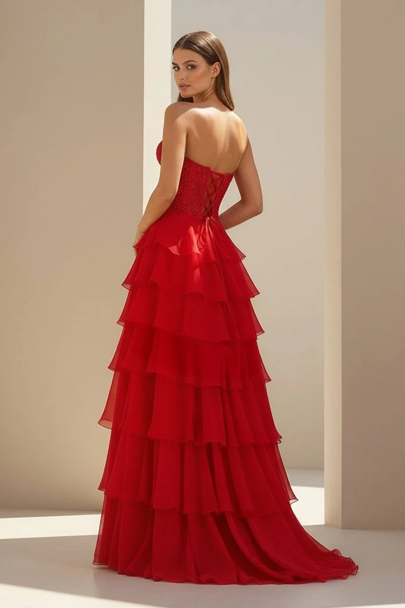 Red Strapless Chiffon Ruffled A Line Formal Prom Dresses With Lace Appliques