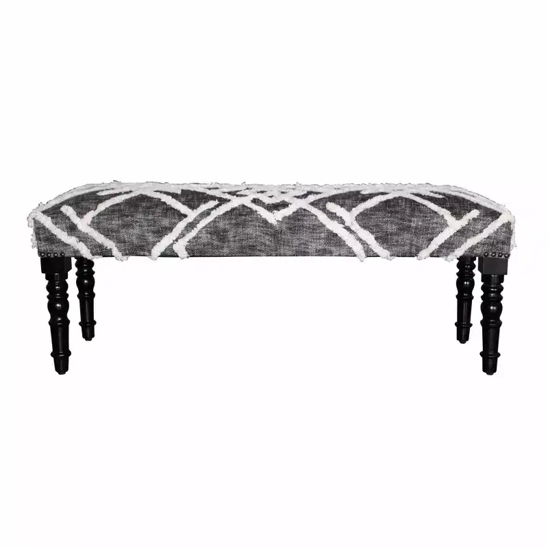 HomeRoots 47 Gray And White Geometric Cotton Upholstered Distressed Bench