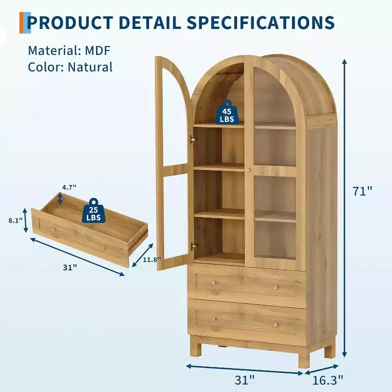Acekool Farmhouse Arched Pantry Cabinet, Tall Kitchen Storage Cupboard with Drawers, Adjustable Shelves & Acrylic Doors, Light Oak