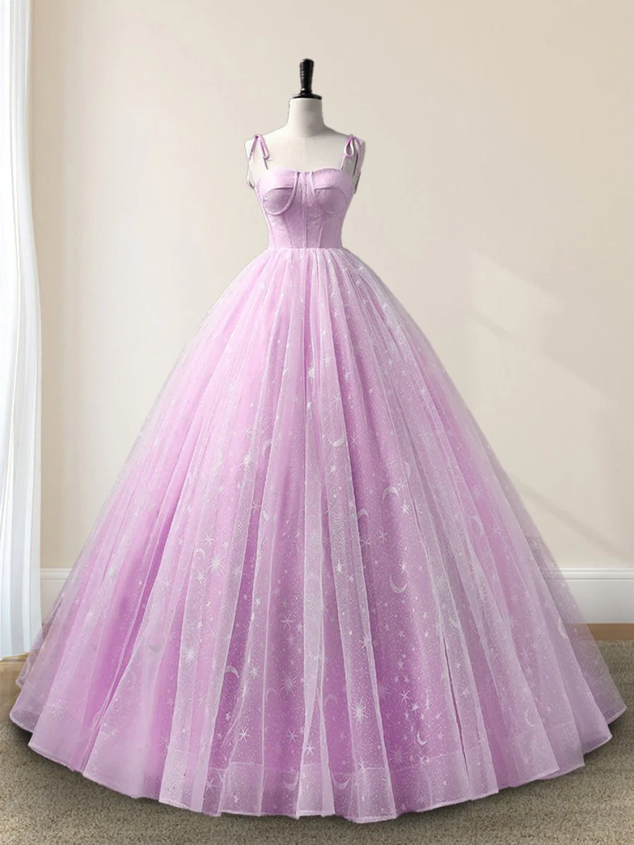 Lilac A-Line Spaghetti Straps Tulle Long Quinceanera Dresses