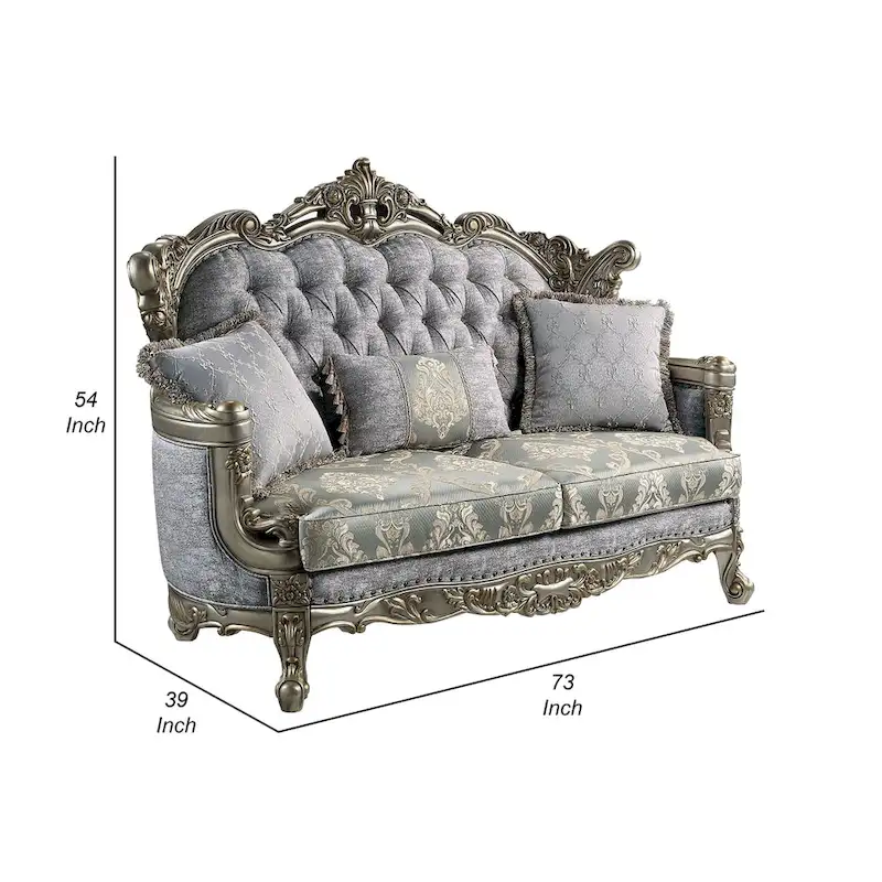 Royale Loveseat, 3 Pillows, Gray Fabric, Antique Bronze Wood, 73 Inch