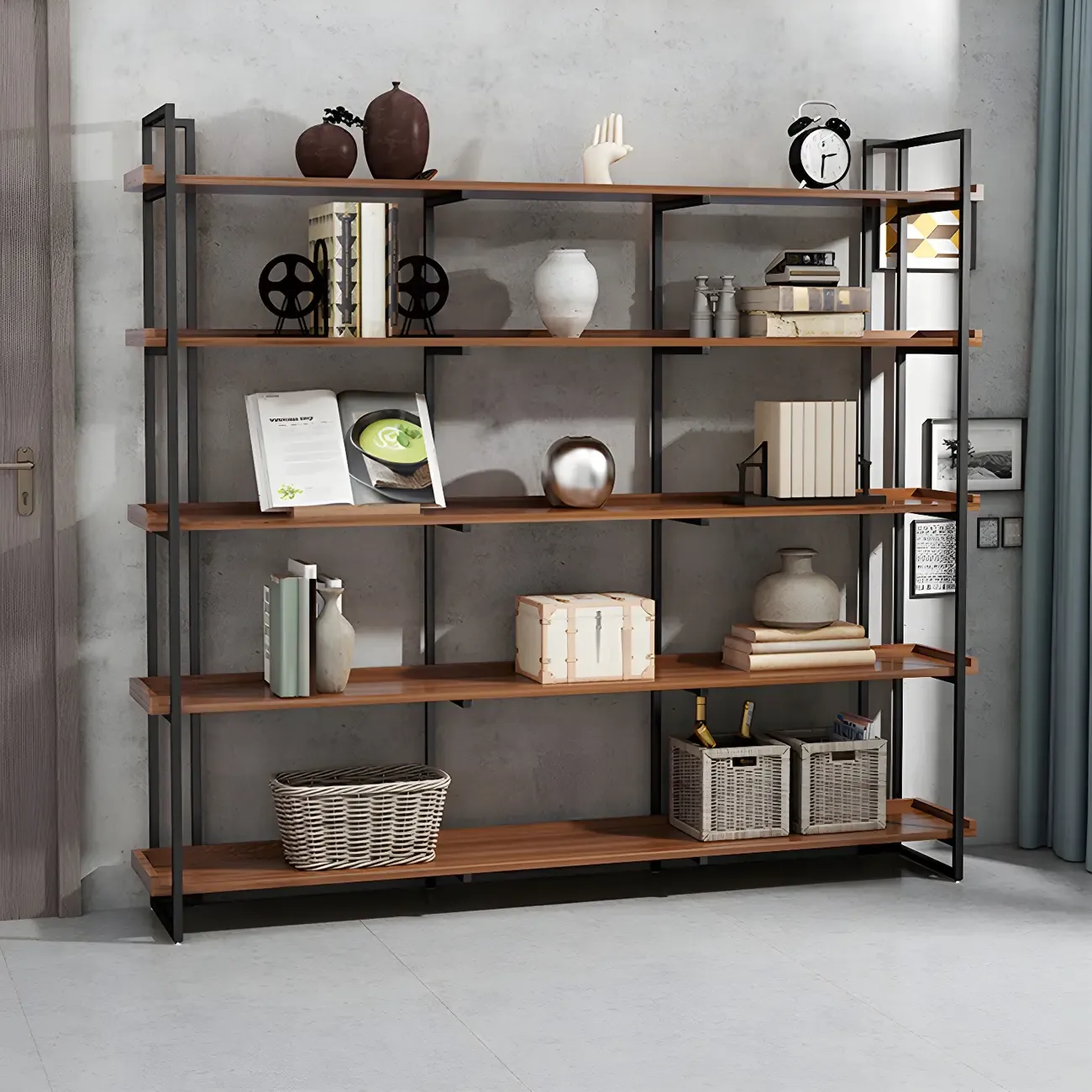 5-Shelf Industrial Metal Wood Brown Display Bookcase