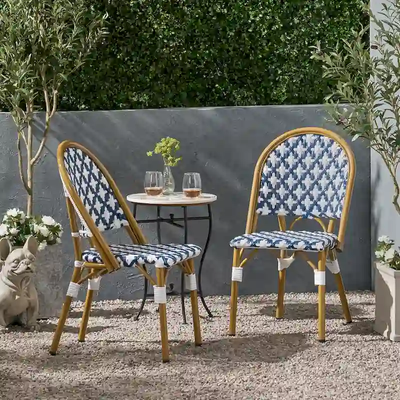 French Bistro Chair White Navy Aluminum PE Rattan Outdoor Cafe Patio Furniture 35in Tall