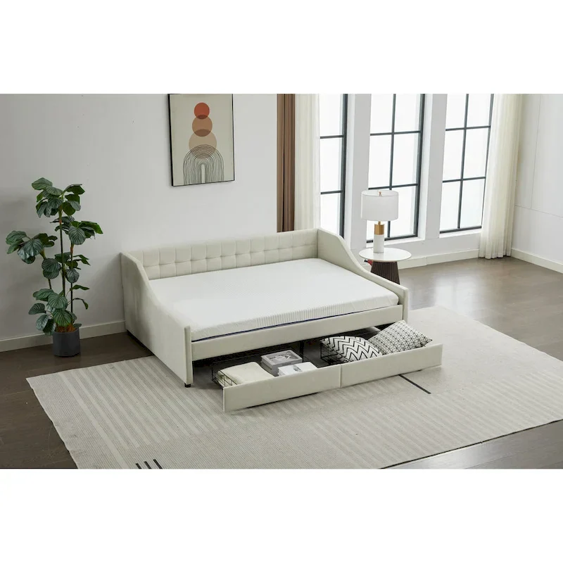 Modern Upholstered Sofa Bed with 2 Drawers and Wooden Frame, Vertical Stripes