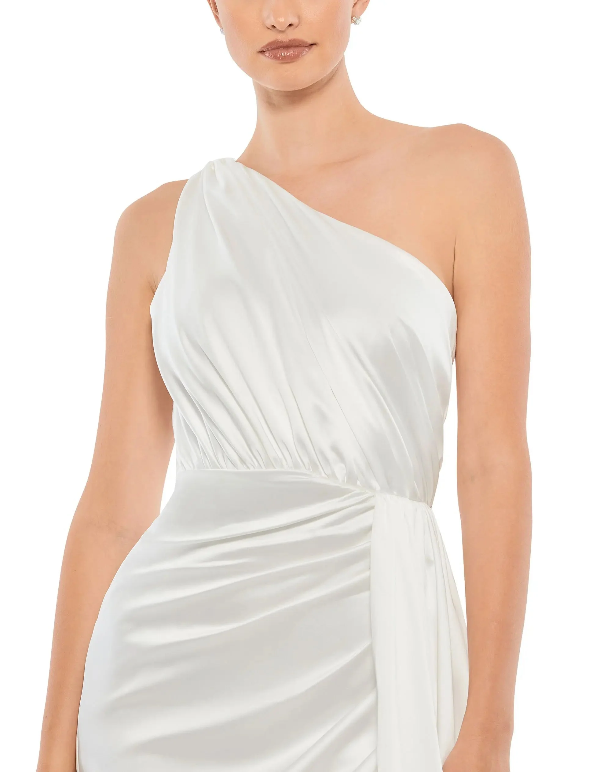 White Gathered One Shoulder Satin Faux Wrap Gown