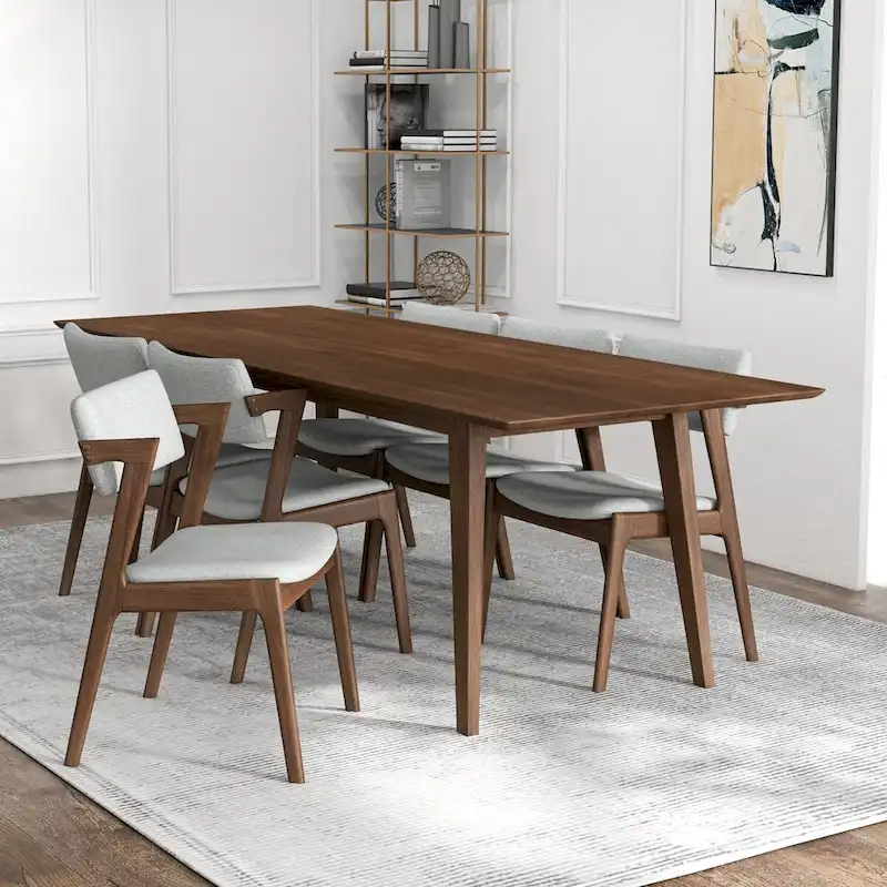 Ayven Mid-Century Style 7 Piece Solid Wood Dining Set in Walnut Brown