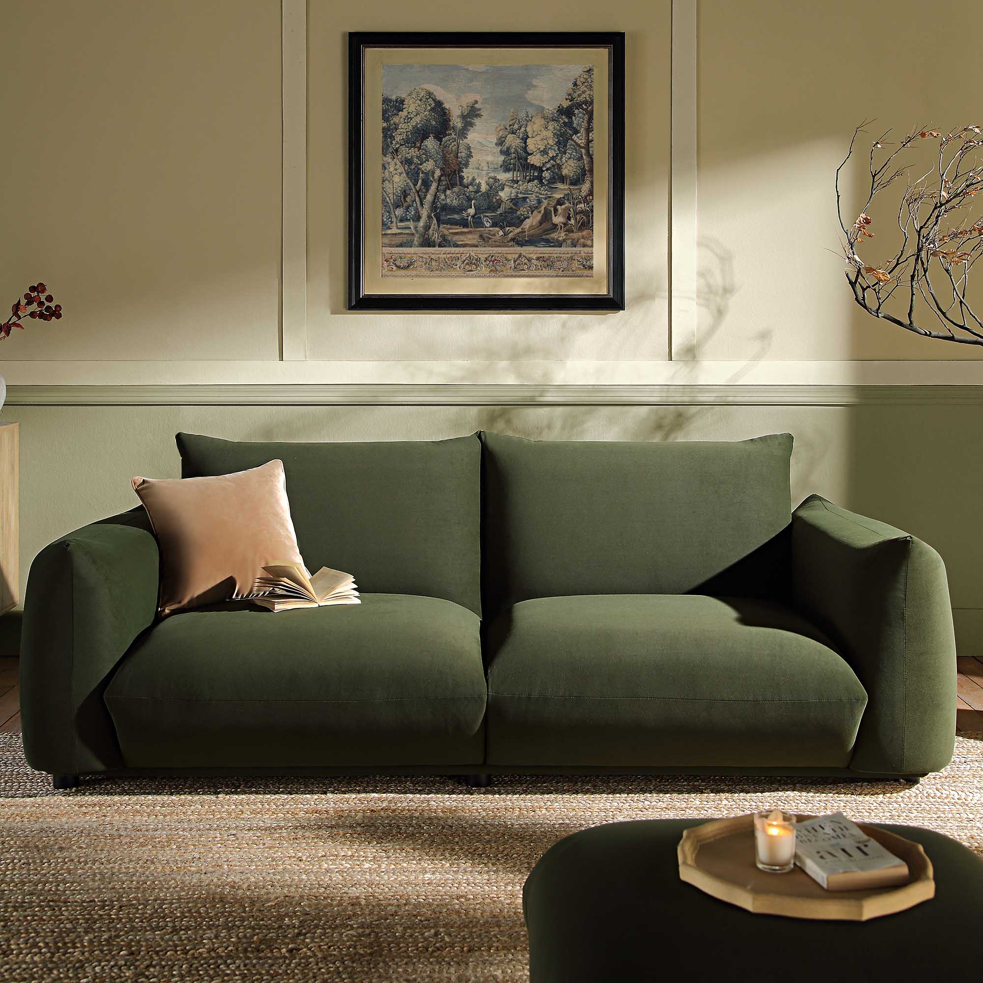 Three Seater Sofa, Moss Green Velvet