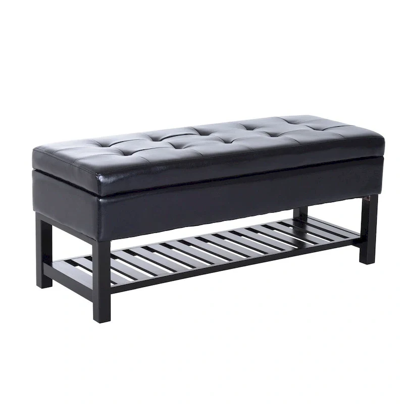 Black Faux Leather Tufted Ottoman Storage Bench with Slatted Shoe Rack & Wood Legs, Seats 1