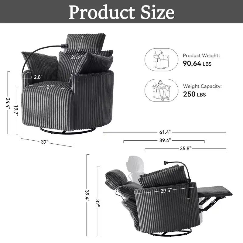 Corduroy Recliner Chair, 360 Swivel Armchair with Adjustable Backrest and Footrest, Rocking Chair with Phone Holder - ModernLuxe