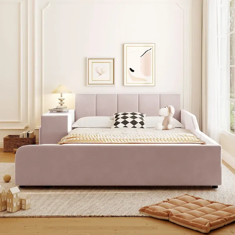 Beige / Grey / Pink Velvet Low-Profile Full Size Platform Bed with Bedside Desk & Round Stool, 2-Person