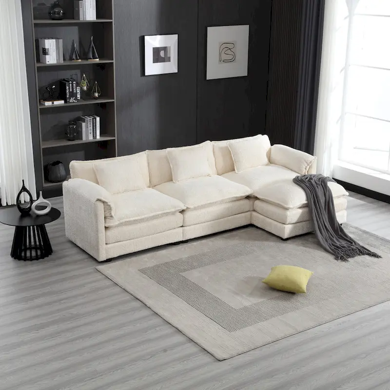Beige 112.2  L-Shape 4-Seater Sectional Sofa in Modern Boucle Fabric with Removable Cushions and Detachable Armrests
