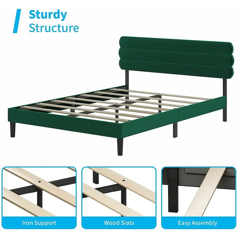 Fabric Padded Bedroom Furniture,Upholstered Bed Frame with Velvet Tufted Headboard