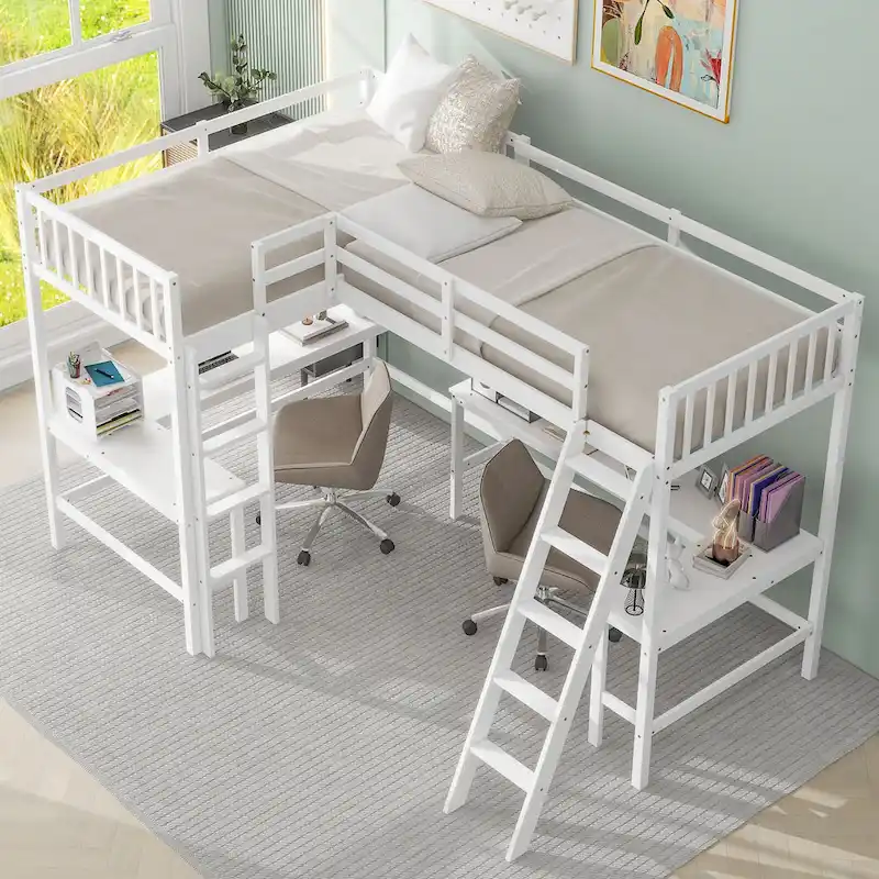 Twin L-Shaped Loft Bed with Desks