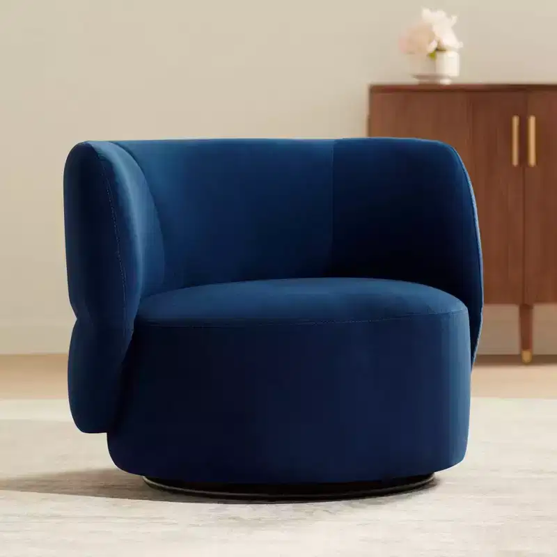 Studio 55D Fontana 36 Wide Prussian Blue Velvety Fabric Occasional Swivel Chair