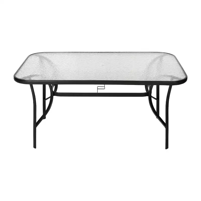 Emma and Oliver Rectangular Tempered Glass Top Patio Table with Umbrella Hole and Black Steel Tube Frame